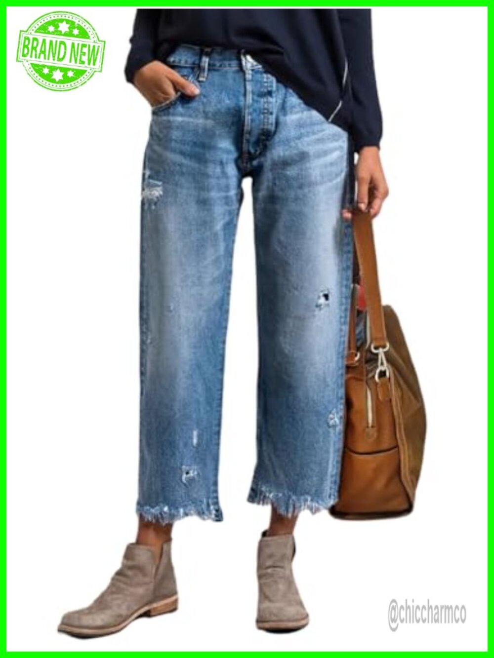 Distressed Crop Ripped Jeans Mid Rise Frayed Raw Hem Boyfriend Straight Leg